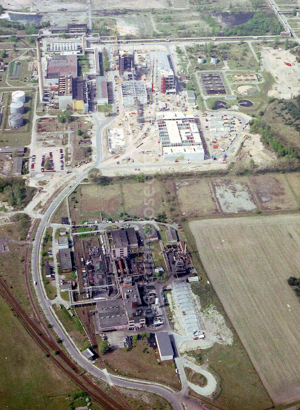 Premnitz from above - Modernisierungs- und Neubauarbeiten auf dem Werksgelände der MÄRKISCHEN FASER AG in Premnitz (Parkstraße, 14727 Premnitz, Tel.: 03386-242888).