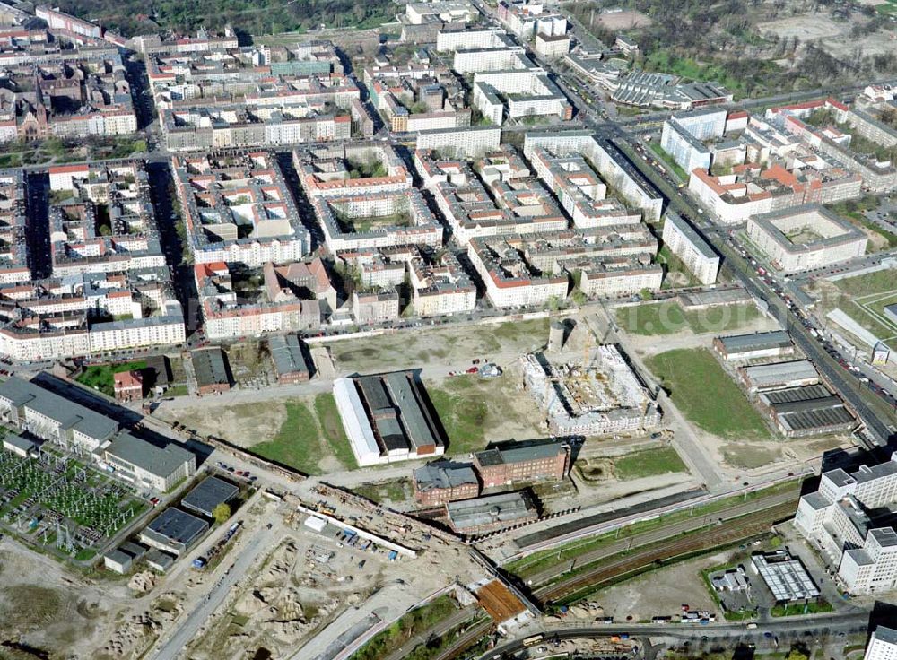 Aerial photograph Berlin - Lichtenberg - Stadtentwicklungsgebiet an der Eldenaer Straße / Landsberger Allee in Berlin - Lichtenberg (Gelände der alten Schlachthöfe) - ein Projekt der SES Stadtentwicklungsgesellschaft Eldenaer Straße mbH, Thaerstraße 3ß / 31 in 10249 BERLIN, Tel.: 030 42846133