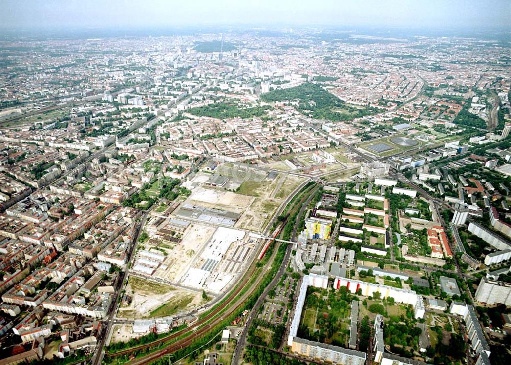 Berlin - Friedrichshain from the bird's eye view: Stadtentwicklungsgebiet an der Eldenaer Straße / Landsberger Allee in Berlin Friedrichshain (Gelände der alten Schlachthöfe) - ein Projekt der SES Stadtentwicklungsgesellschaft Eldenaer Straße mbH, Thaerstraße 30/31 in 10249 BERLIN, Tel.: 030 42846133