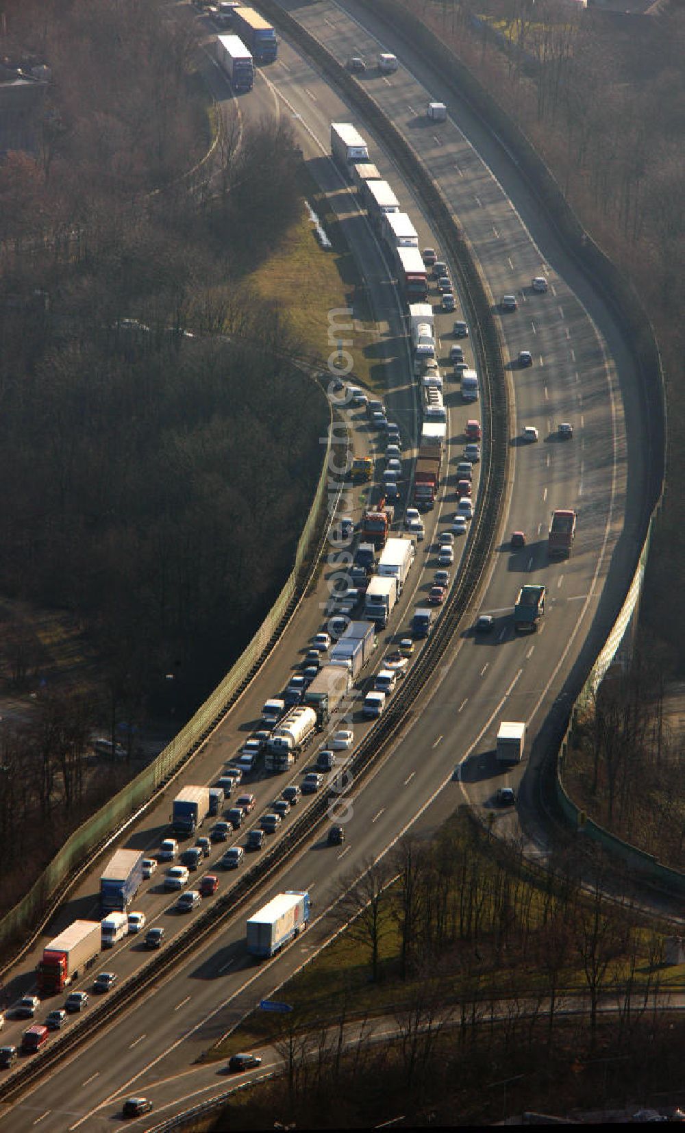 Bochum from above - Stau auf der A43 Autobahn bei Bochum in Nordrhein-Westfalen. Traffic jam on the A43 motorway in the near of Bochum in North Rhine-Westphalia.