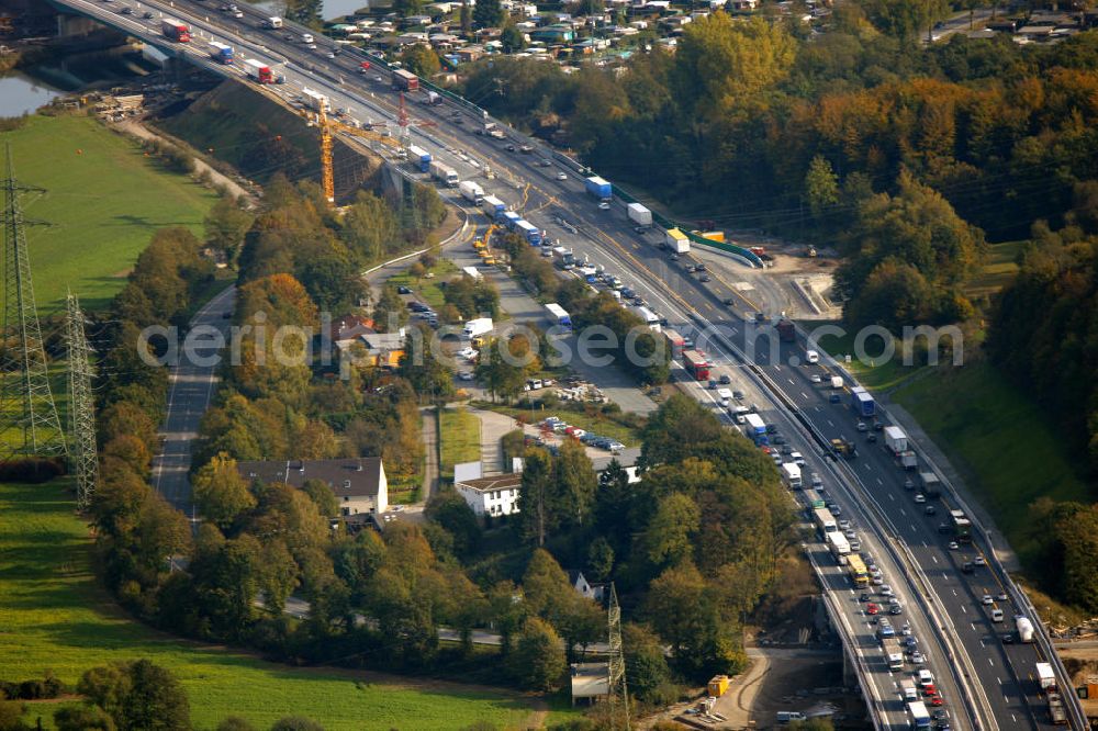 Hagen from the bird's eye view: Stau auf der A1 Autobahn bei Hagen in Nordrhein-Westfalen. Traffic jam on the A1 motorway in the near of Hagen in North Rhine-Westphalia.