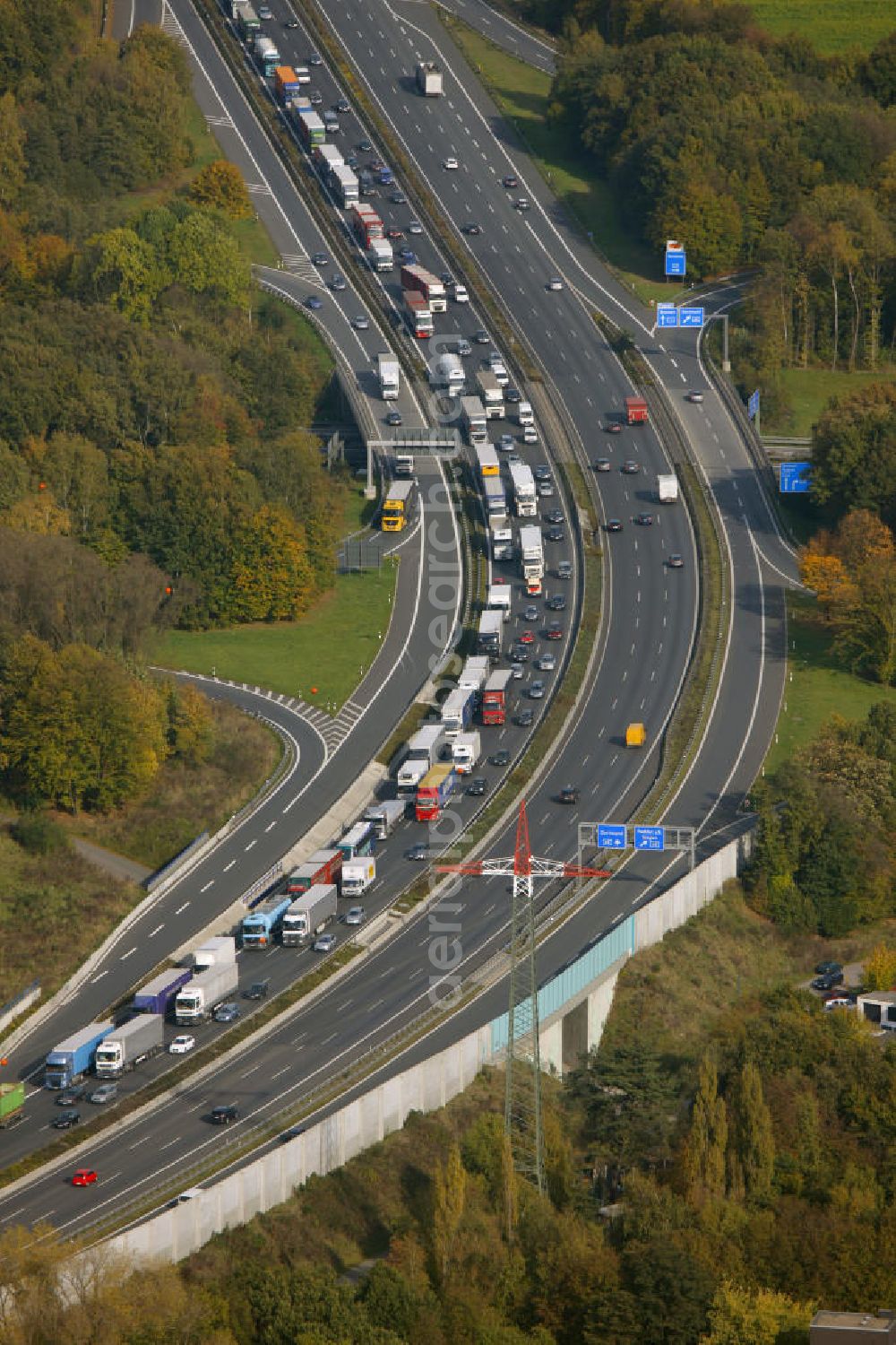 Aerial image Hagen - Stau auf der A1 Autobahn bei Hagen in Nordrhein-Westfalen. Traffic jam on the A1 motorway in the near of Hagen in North Rhine-Westphalia.