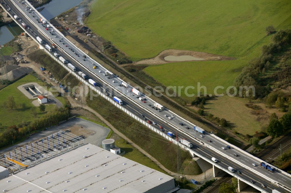 Hagen from above - Stau auf der A1 Autobahn bei Hagen in Nordrhein-Westfalen. Traffic jam on the A1 motorway in the near of Hagen in North Rhine-Westphalia.