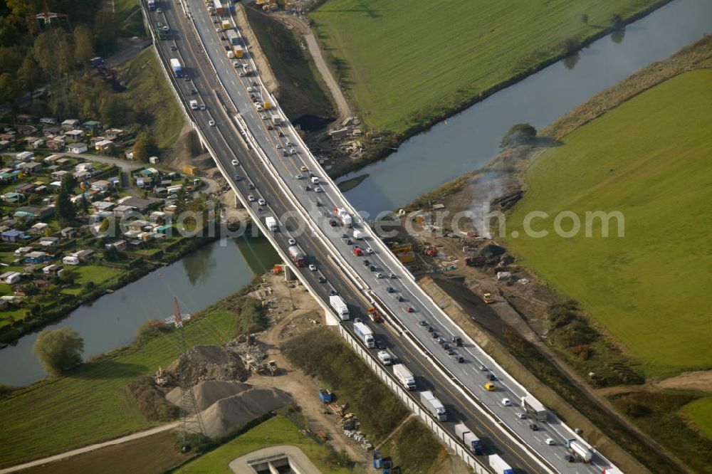 Hagen from the bird's eye view: Stau auf der A1 Autobahn bei Hagen in Nordrhein-Westfalen. Traffic jam on the A1 motorway in the near of Hagen in North Rhine-Westphalia.