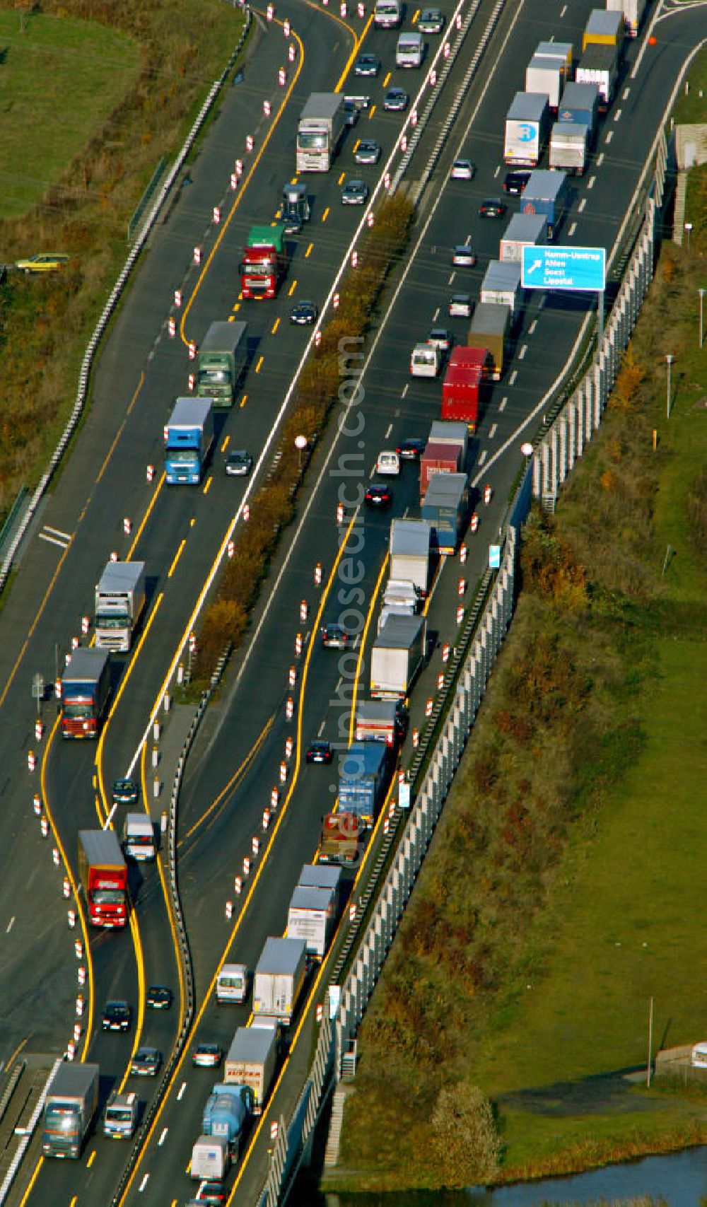 Hamm from above - Stau auf der A2 Autobahn bei Hamm in Nordrhein-Westfalen. Traffic jam on the A2 motorway in the near of Hamm in North Rhine-Westphalia.