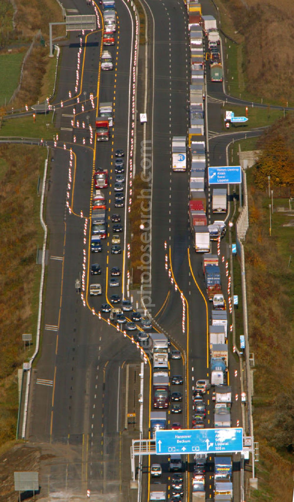 Aerial image Hamm - Stau auf der A2 Autobahn bei Hamm in Nordrhein-Westfalen. Traffic jam on the A2 motorway in the near of Hamm in North Rhine-Westphalia.