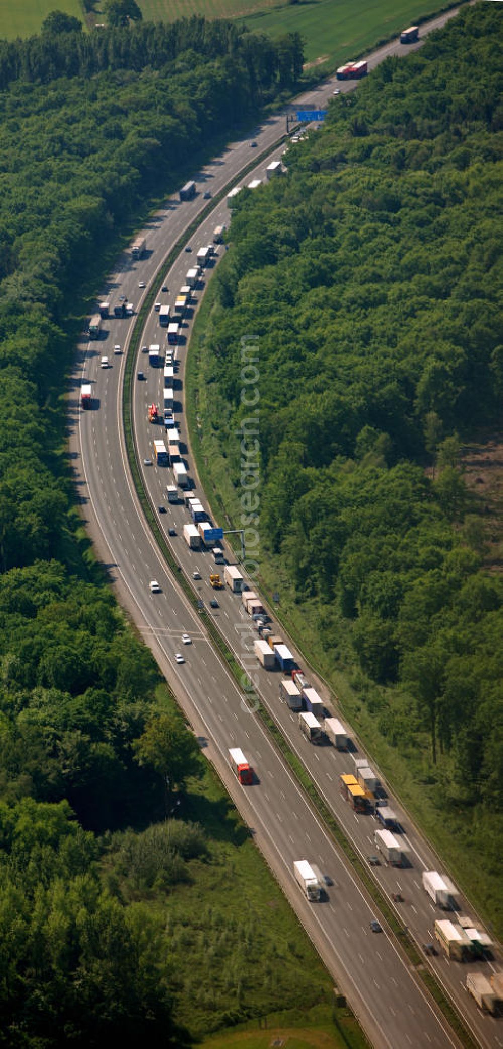 Hamm from above - Stau auf der A2 Autobahn bei Hamm in Nordrhein-Westfalen. Traffic jam on the A2 motorway in the near of Hamm in North Rhine-Westphalia.