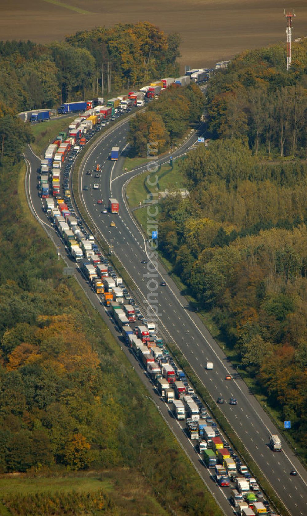 Hamm from the bird's eye view: Stau auf der A2 Autobahn bei Hamm in Nordrhein-Westfalen. Traffic jam on the A2 motorway in the near of Hamm in North Rhine-Westphalia.