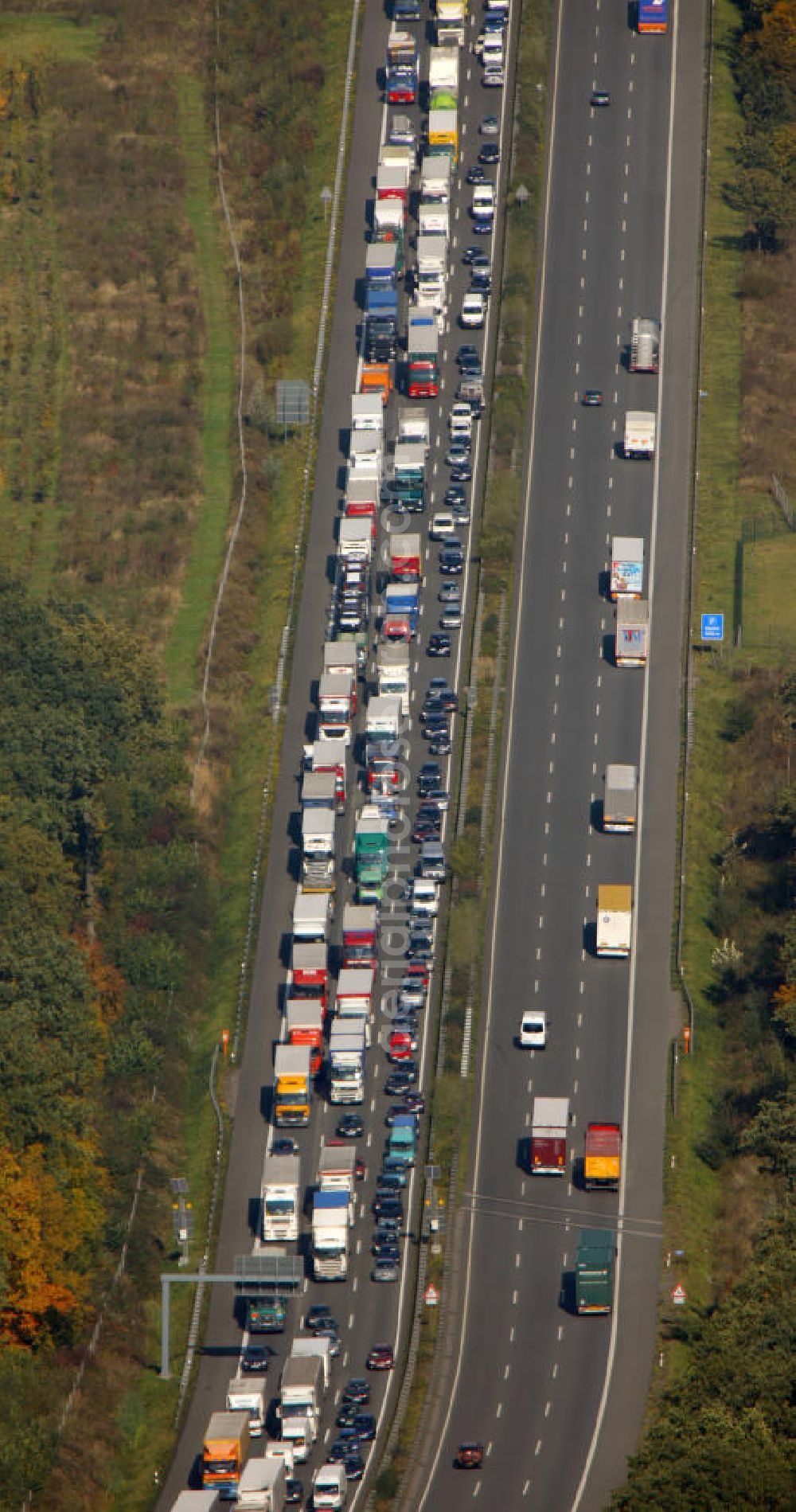 Aerial image Hamm - Stau auf der A2 Autobahn bei Hamm in Nordrhein-Westfalen. Traffic jam on the A2 motorway in the near of Hamm in North Rhine-Westphalia.