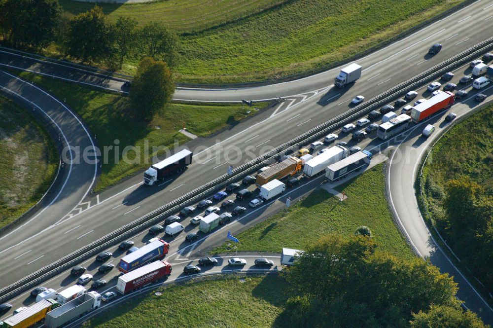 Aerial image Hamm - Stau auf der A2 Autobahn bei Hamm in Nordrhein-Westfalen. Traffic jam on the A2 motorway in the near of Hamm in North Rhine-Westphalia.