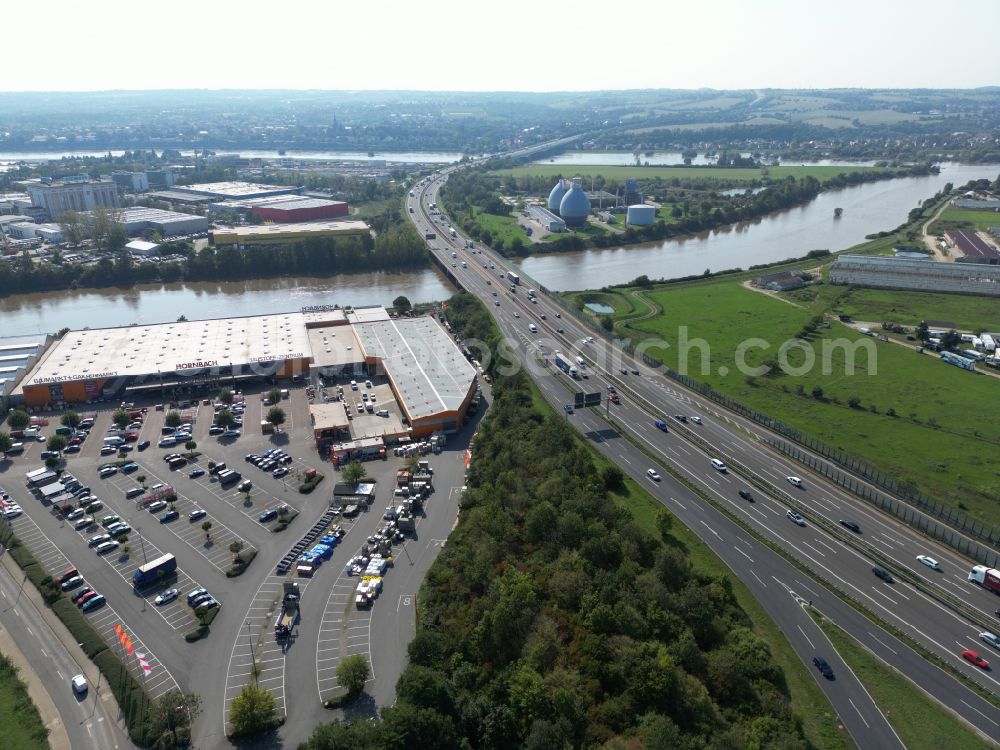 Dresden from above - Hornbach Baumarkt Kaditz and BAB A4 with filled flood ditch during Elbe flooding in Dresden in the federal state of Saxony, Germany