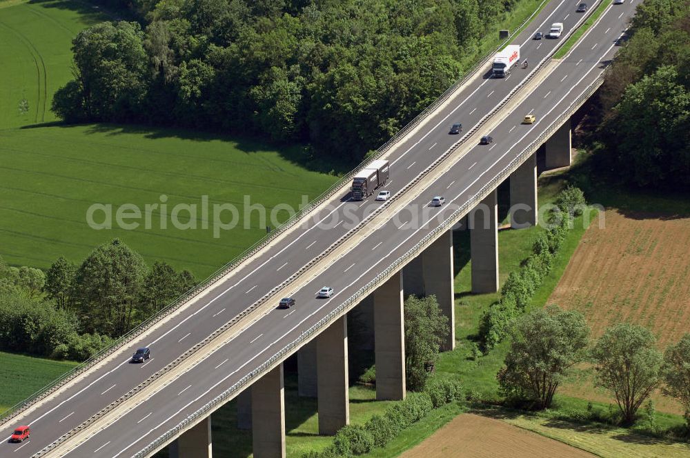 Aerial photograph Rimpar - Blick auf die Autobahn A7 durch den Maidbronner Wald. View of the A7 motorway through the Maidbronn forest.