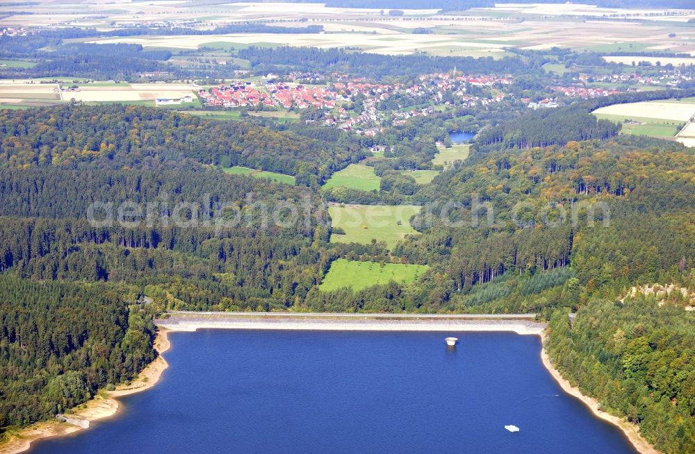 Bad Wünnenberg from the bird's eye view: View of the Aabach Dam in Bad Wünnenberg in the state North Rhine-Westphalia. The Aabach Dam belongs to the Wasserverband Aabachtalsperre and is part of an extensive water protection area. It was built for the drinking water supply and the flood protection