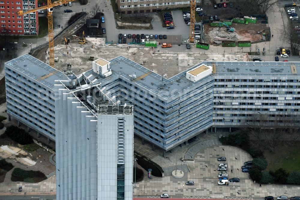 Chemnitz from above - View over the former House of Industry administrations, the district councillor and the SED district leadership to the demolition area of the Congress and event center building Home in Chemnitz in the state Saxony