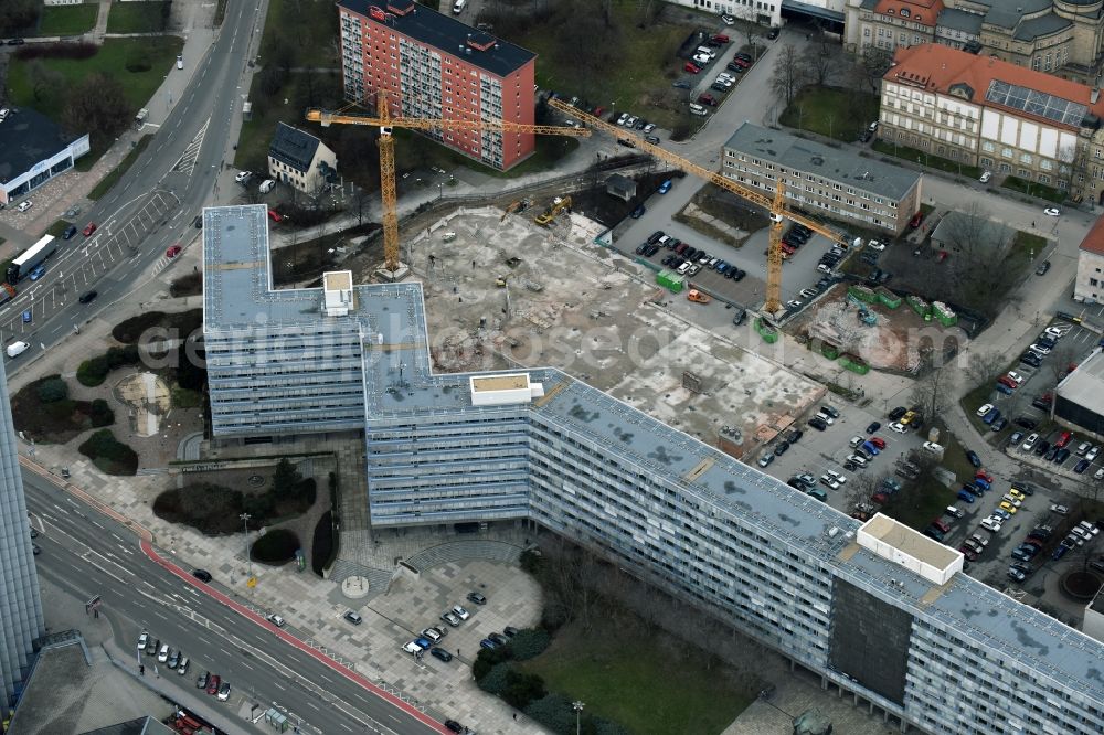 Aerial image Chemnitz - View over the former House of Industry administrations, the district councillor and the SED district leadership to the demolition area of the Congress and event center building Home in Chemnitz in the state Saxony