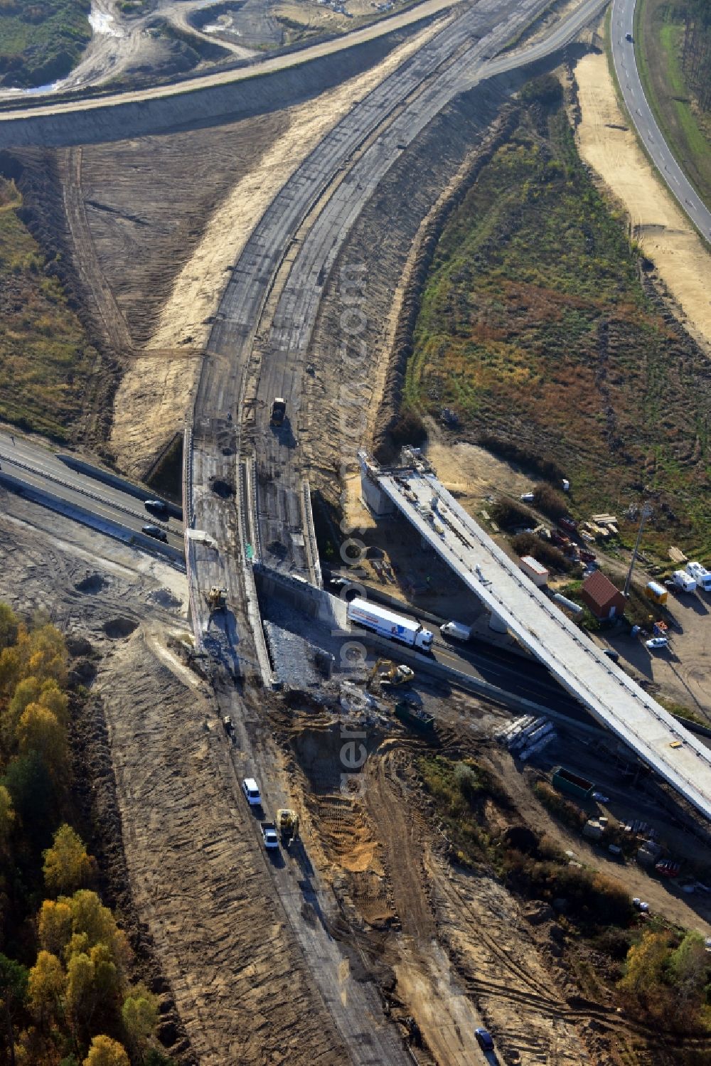 Groß Ziethen from the bird's eye view: Construction site of the junction Havelland at the motorway A10 and A24 in the state Brandenburg