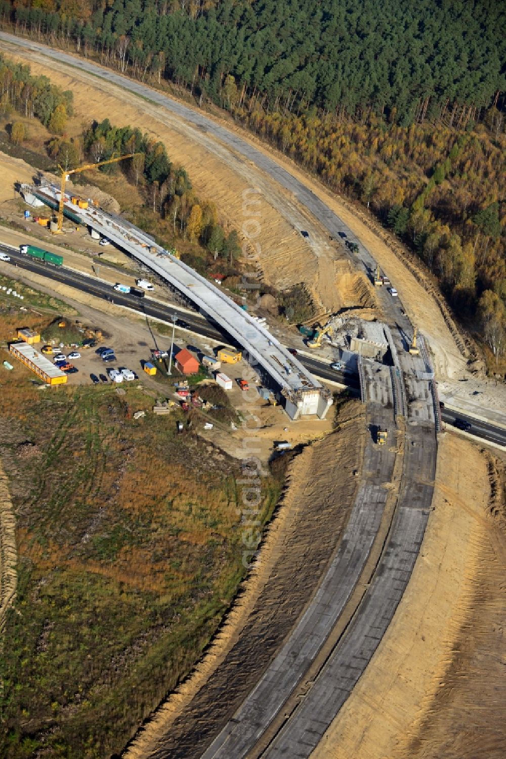 Groß Ziethen from the bird's eye view: Construction site of the junction Havelland at the motorway A10 and A24 in the state Brandenburg