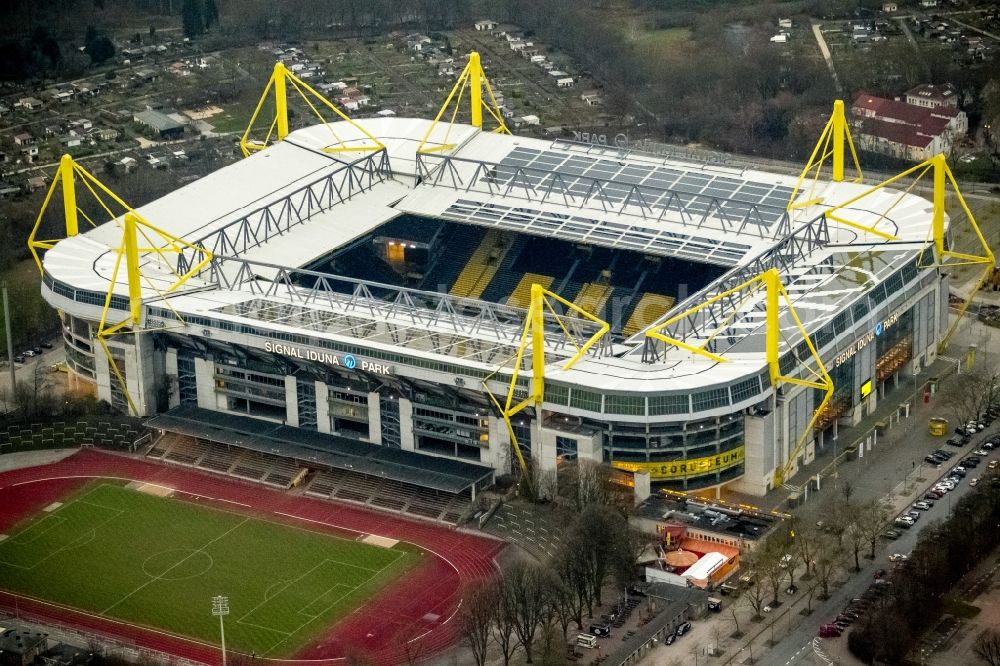 Aerial image Dortmund - Areal of Borusseum, the Signal Iduna Park stadium of Borussia Dortmund