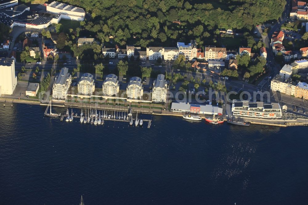 Aerial image Flensburg - Evening sun on the eastern shore of the harbor Flensburg in Schleswig-Holstein