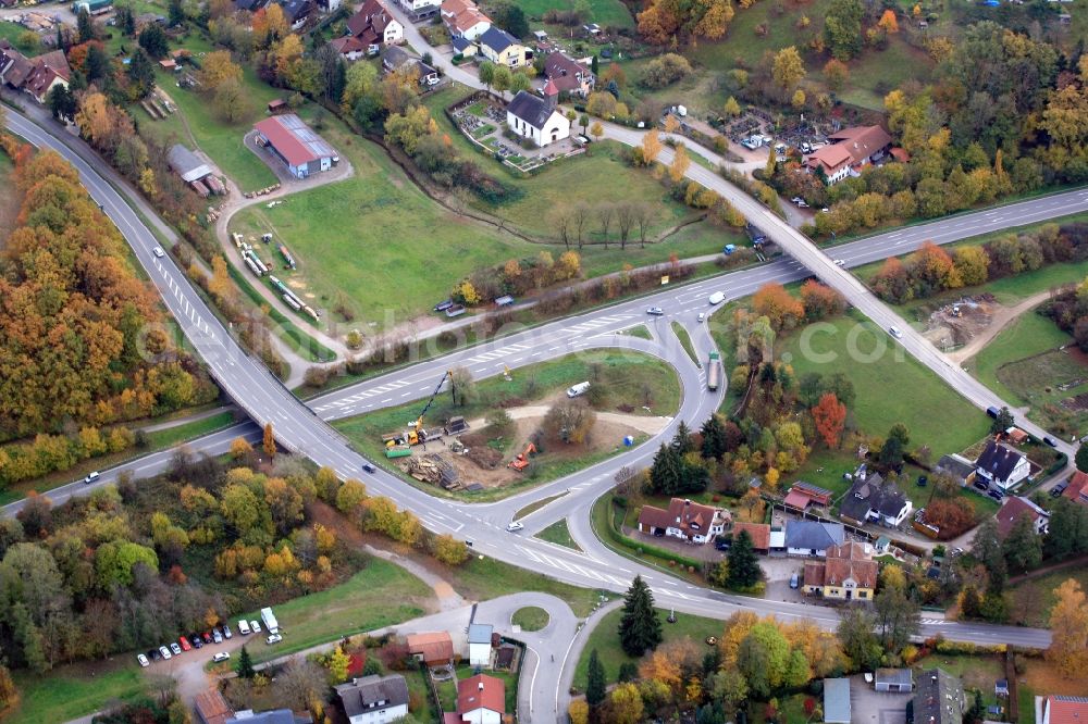 Schopfheim from above - Routing and traffic lanes at the the exit of federal highway B317 to B518 in Schopfheim in the state Baden-Wurttemberg, Germany