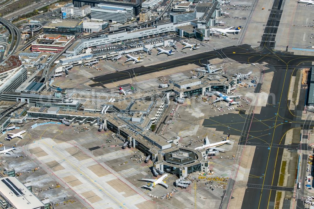 Frankfurt am Main from the bird's eye view: Dispatch building and terminals of the airport in Frankfurt in the state Hesse