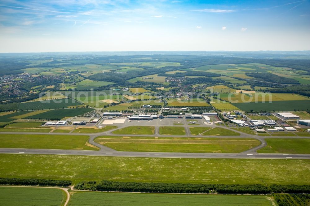 Büren from the bird's eye view: Dispatch building and terminals on the premises of the airport Paderborn-Lippstadt Airport on Flughafenstrasse in Bueren in the state North Rhine-Westphalia