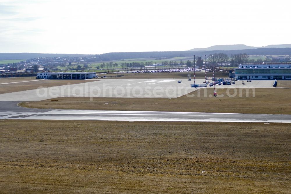 Calden from above - Dispatch building and terminals on the premises of the airport Kassel in Calden in the state Hesse, Germany