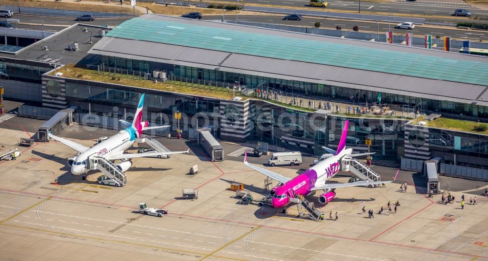 Dortmund from above - Dispatch building and terminals on the premises of the airport in Dortmund in the state North Rhine-Westphalia, Germany