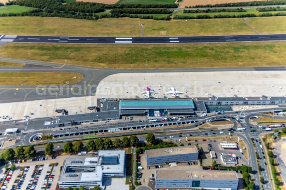 Aerial photograph Dortmund - Dispatch building and terminals on the premises of the airport in Dortmund in the state North Rhine-Westphalia, Germany