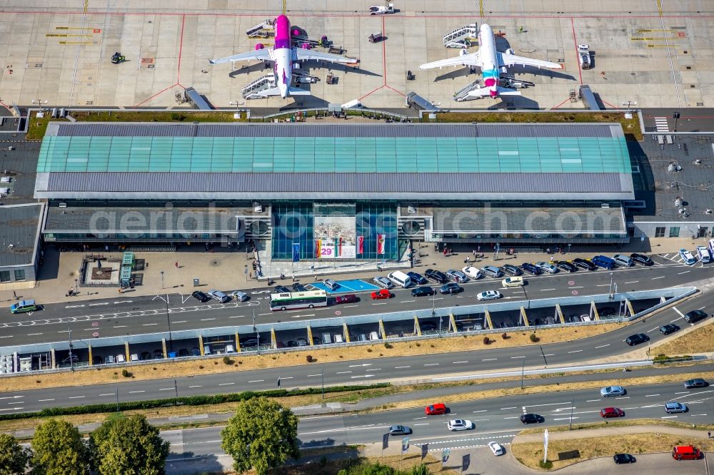 Dortmund from above - Dispatch building and terminals on the premises of the airport in Dortmund in the state North Rhine-Westphalia, Germany