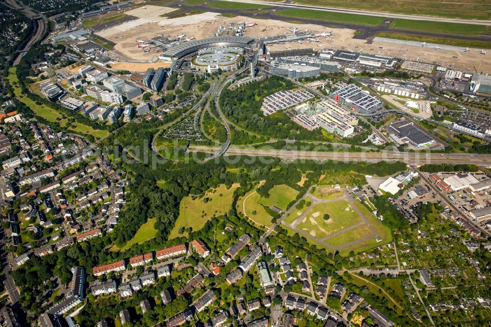 Düsseldorf from above - Dispatch building and terminals on the premises of the airport Airport-City DUS on Flughafenstrasse in Duesseldorf in the state North Rhine-Westphalia