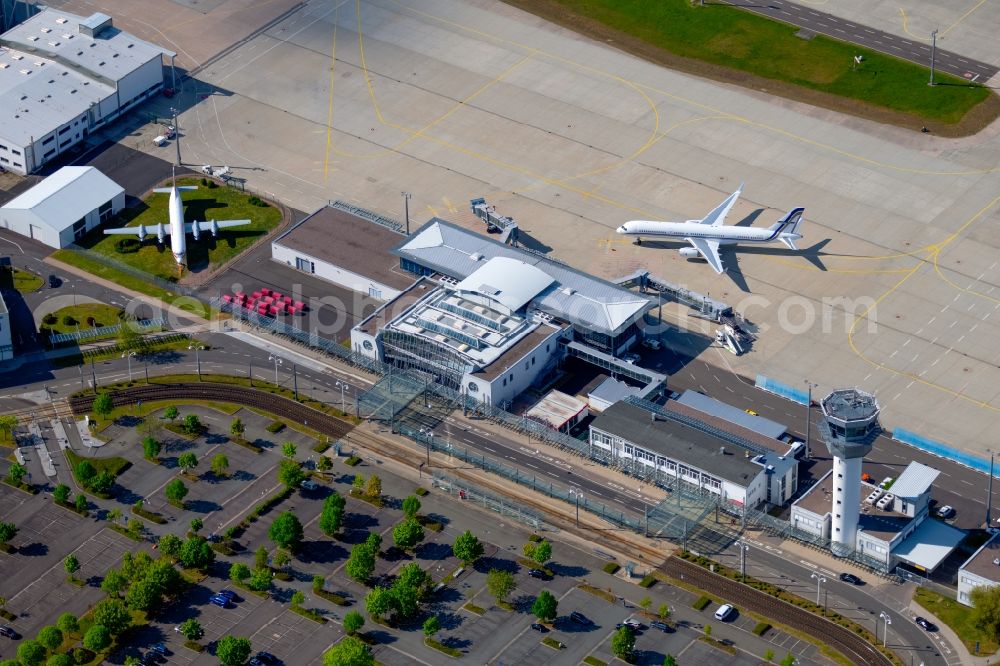 Erfurt from above - Dispatch building and terminals on the premises of the airport in the district Bindersleben in Erfurt in the state Thuringia, Germany