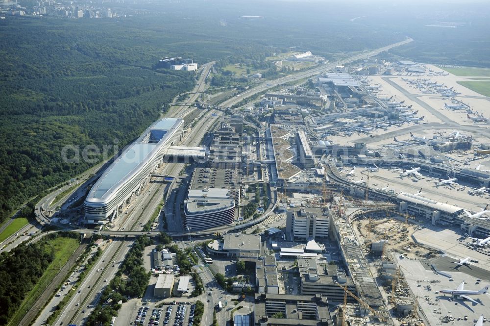 Frankfurt am Main from the bird's eye view: Dispatch building and terminals on the premises of the airport ... in Frankfurt in the state Hesse, Germany