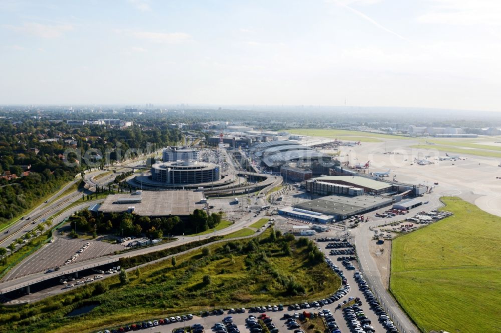 Hamburg from the bird's eye view: Dispatch building and terminals on the premises of the airport Flughafen Hamburg on Flughafenstrasse in Hamburg in Germany