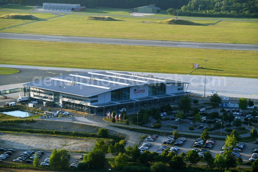 Laage from the bird's eye view: Dispatch building and terminals on the premises of the airport Rostock Airport in Laage in the state Mecklenburg - Western Pomerania, Germany