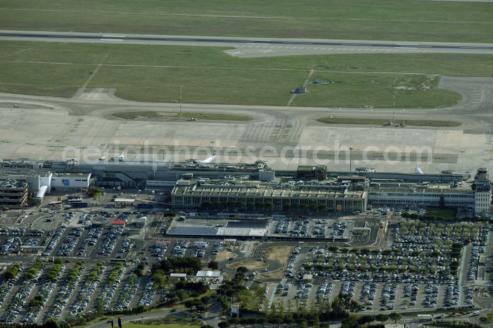 Marignane from above - Dispatch building and terminals on the premises of the airport Marseille Provence Airport in Marignane in Provence-Alpes-Cote d'Azur, France