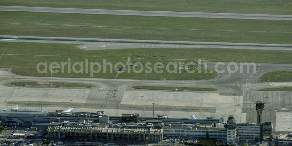 Marignane from the bird's eye view: Dispatch building and terminals on the premises of the airport Marseille Provence Airport in Marignane in Provence-Alpes-Cote d'Azur, France