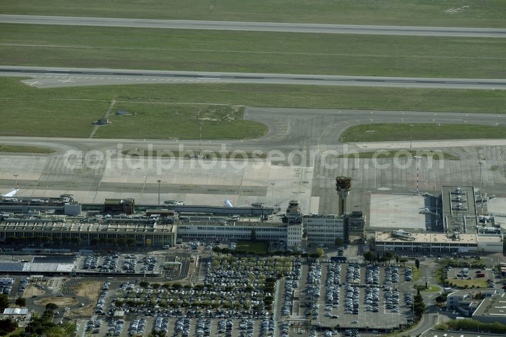 Aerial image Marignane - Dispatch building and terminals on the premises of the airport Marseille Provence Airport in Marignane in Provence-Alpes-Cote d'Azur, France