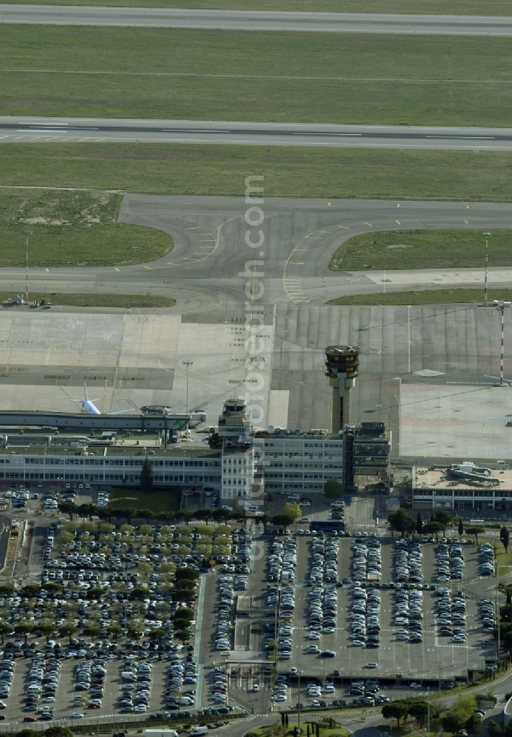 Marignane from above - Dispatch building and terminals on the premises of the airport Marseille Provence Airport in Marignane in Provence-Alpes-Cote d'Azur, France