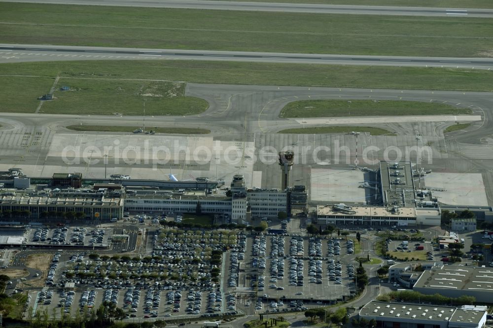 Marignane from the bird's eye view: Dispatch building and terminals on the premises of the airport Marseille Provence Airport in Marignane in Provence-Alpes-Cote d'Azur, France