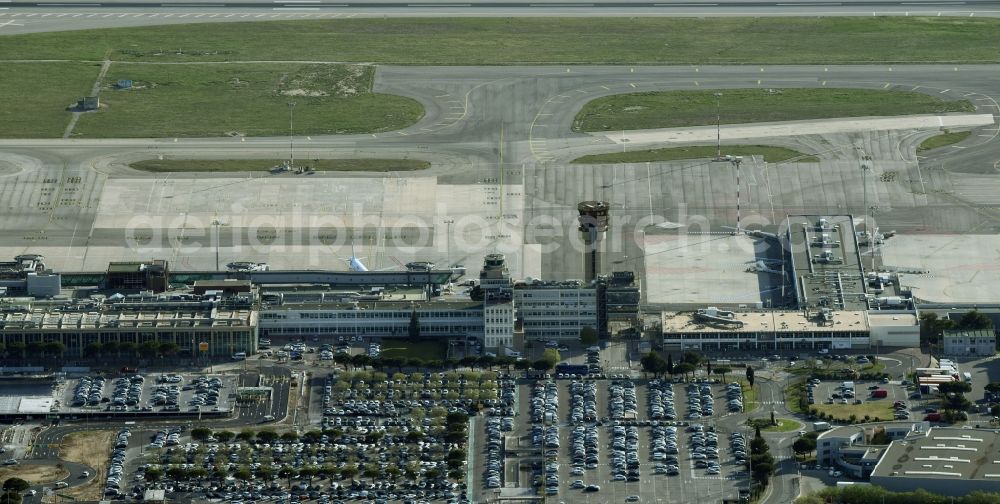 Aerial image Marignane - Dispatch building and terminals on the premises of the airport Marseille Provence Airport in Marignane in Provence-Alpes-Cote d'Azur, France