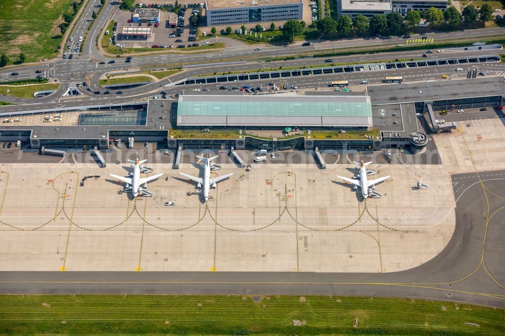 Dortmund from above - Dispatch building and terminals on the premises of the airport in the district Brackel in Dortmund in the state North Rhine-Westphalia, Germany