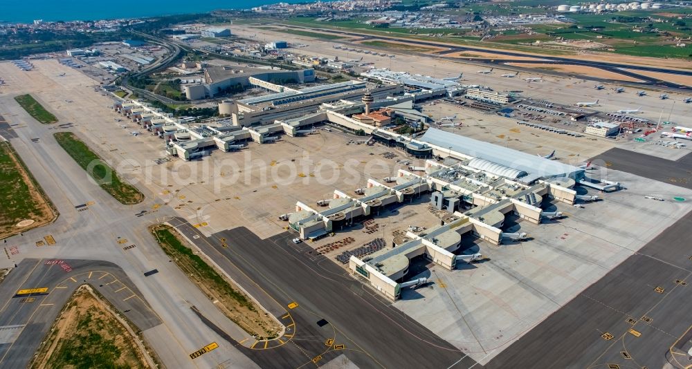 Palma from above - Dispatch building and terminals on the premises of the airport Palma de Mallorca in Palma in Islas Baleares, Spain