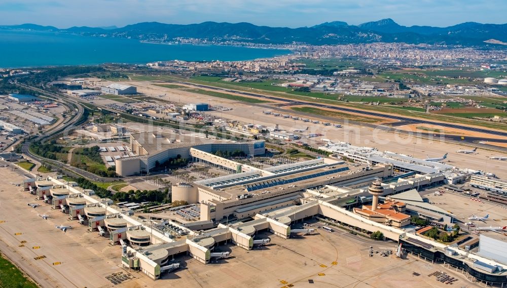 Aerial image Palma - Dispatch building and terminals on the premises of the airport Palma de Mallorca in Palma in Islas Baleares, Spain