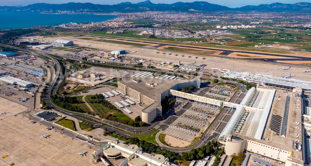 Palma from above - Dispatch building and terminals on the premises of the airport Palma de Mallorca in Palma in Islas Baleares, Spain