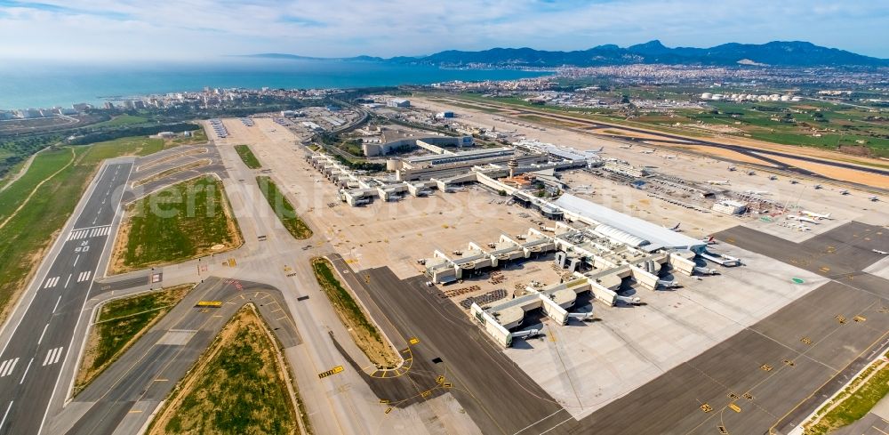 Palma from above - Dispatch building and terminals on the premises of the airport Palma de Mallorca in Palma in Islas Baleares, Spain