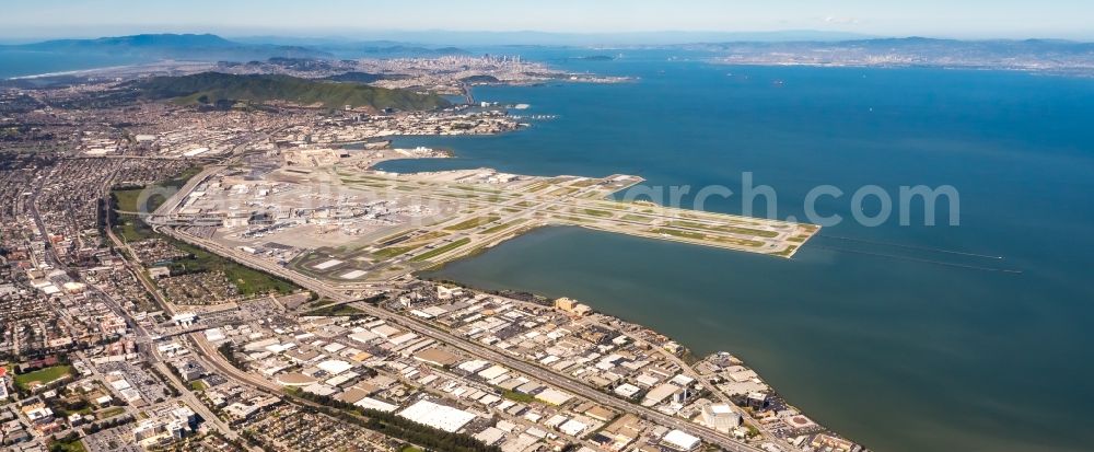 Aerial photograph San Francisco - Dispatch building and terminals on the premises of the airport - SFO International Terminal Main Hall in San Francisco in USA