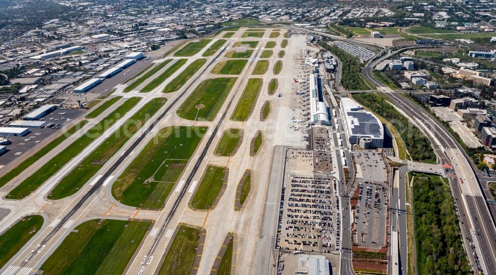 San Francisco from above - Dispatch building and terminals on the premises of the airport - SFO International Terminal Main Hall in San Francisco in USA