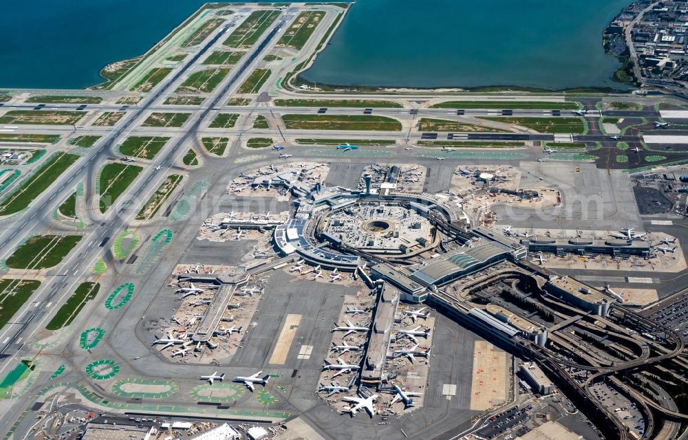 San Francisco from above - Dispatch building and terminals on the premises of the airport - SFO International Terminal Main Hall in San Francisco in USA