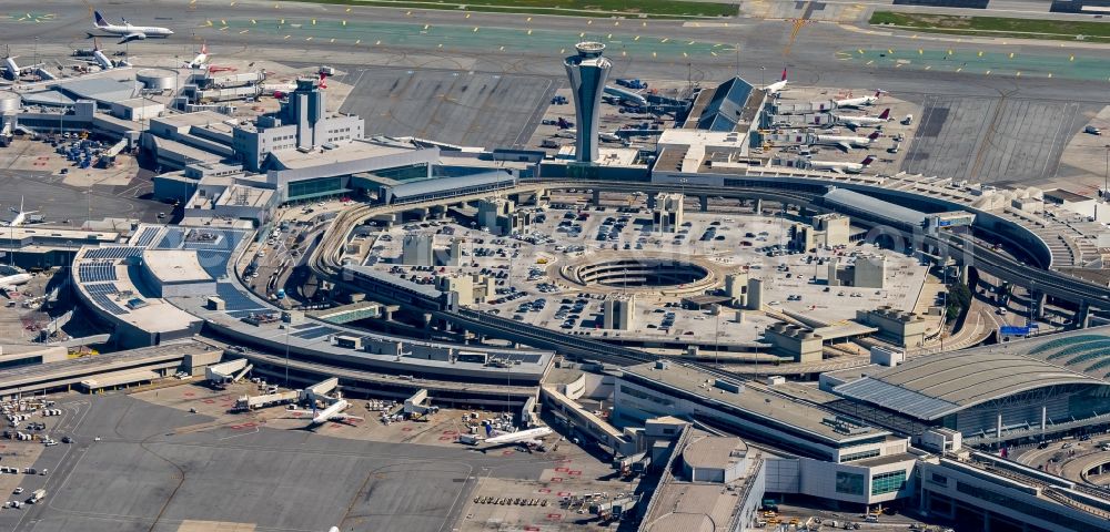 Aerial photograph San Francisco - Dispatch building and terminals on the premises of the airport - SFO International Terminal Main Hall in San Francisco in California - USA